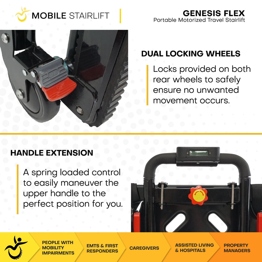 Genesis Flex mobile stairlift with removable tracks for flat-ground transport