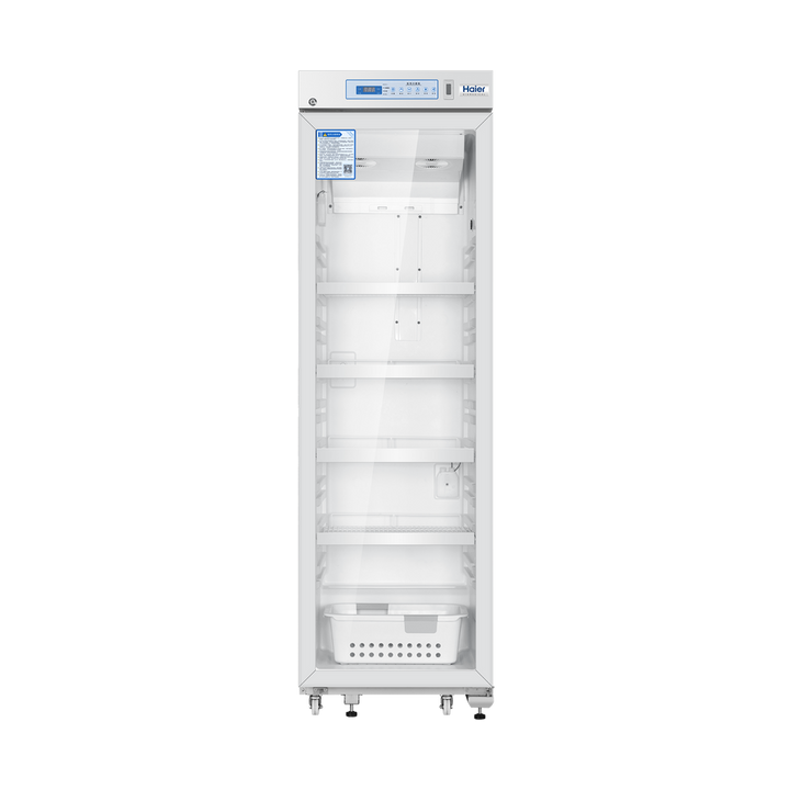 Haier HYC-461GD upright glass door vaccine pharmacy refrigerator front view
