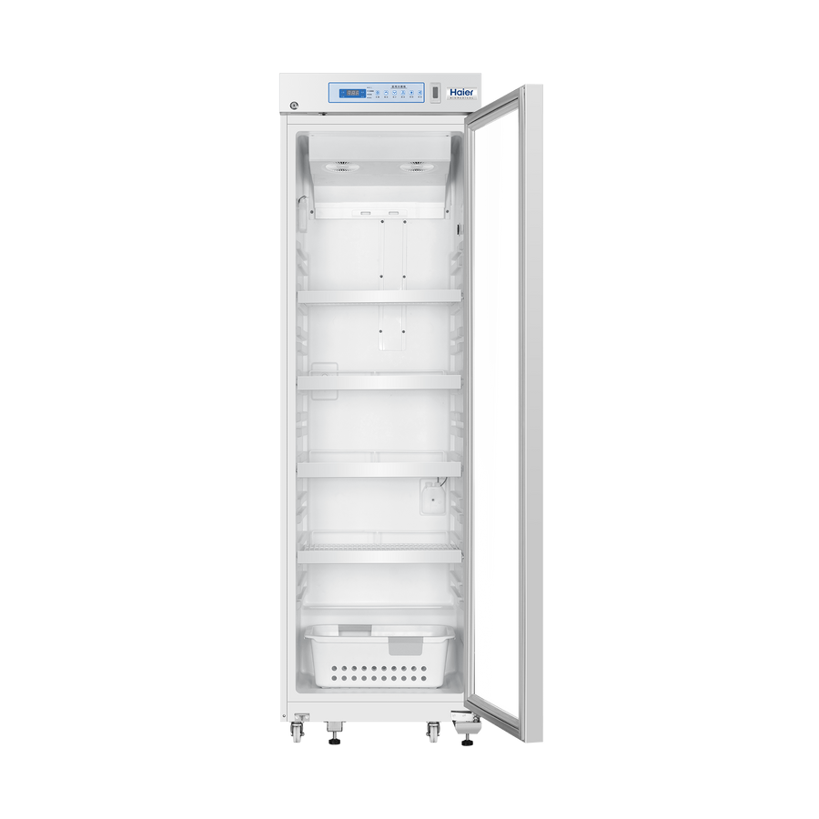 Haier HYC-461GD vaccine refrigerator open interior with adjustable shelves and LED display