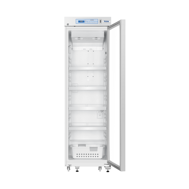 Haier HYC-461GD vaccine refrigerator open interior with adjustable shelves and LED display