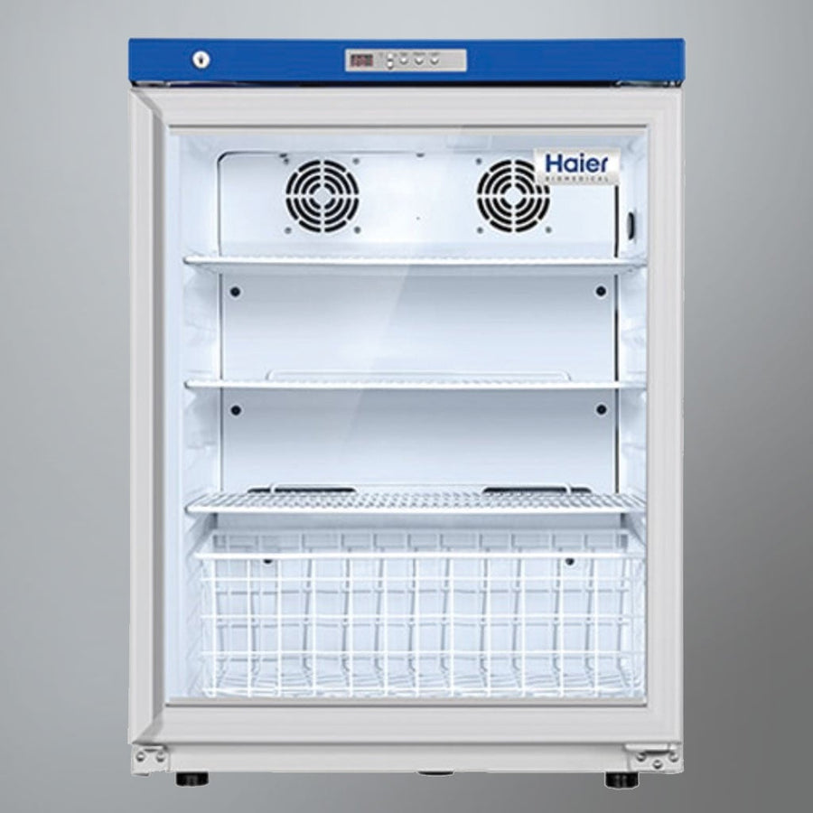 Haier HYC-118A glass door under counter vaccine refrigerator grey background