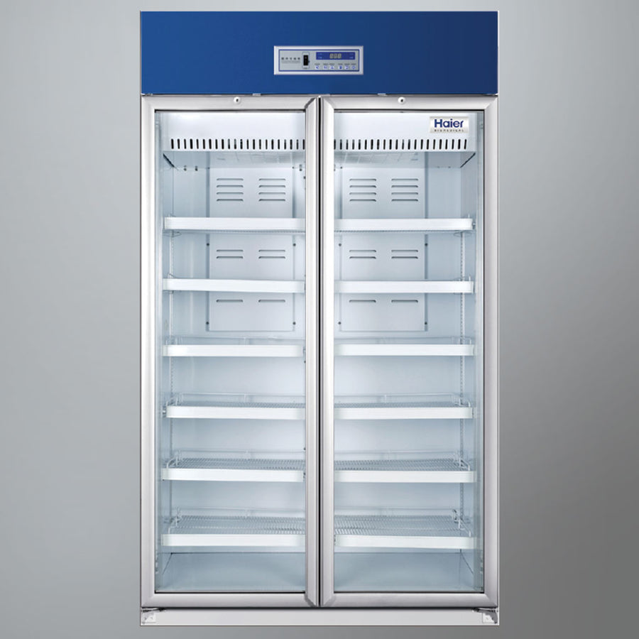 Haier HYC-940 double door glass vaccine pharmacy refrigerator 890L front view