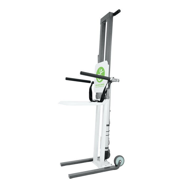 BounceBack fall recovery lift showing aluminum frame and compact wheeled base