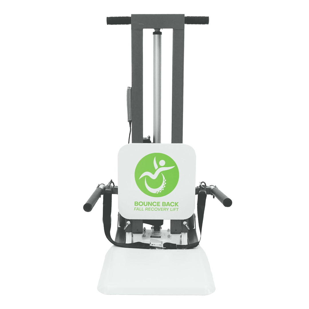BounceBack fall recovery lift showing seated platform dimensions and lifting mechanism