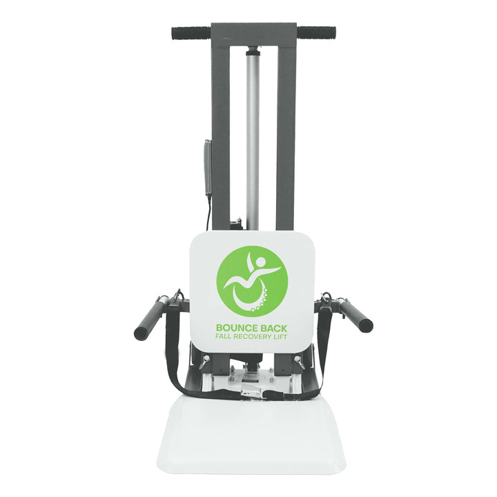 BounceBack fall recovery lift showing seated platform dimensions and lifting mechanism