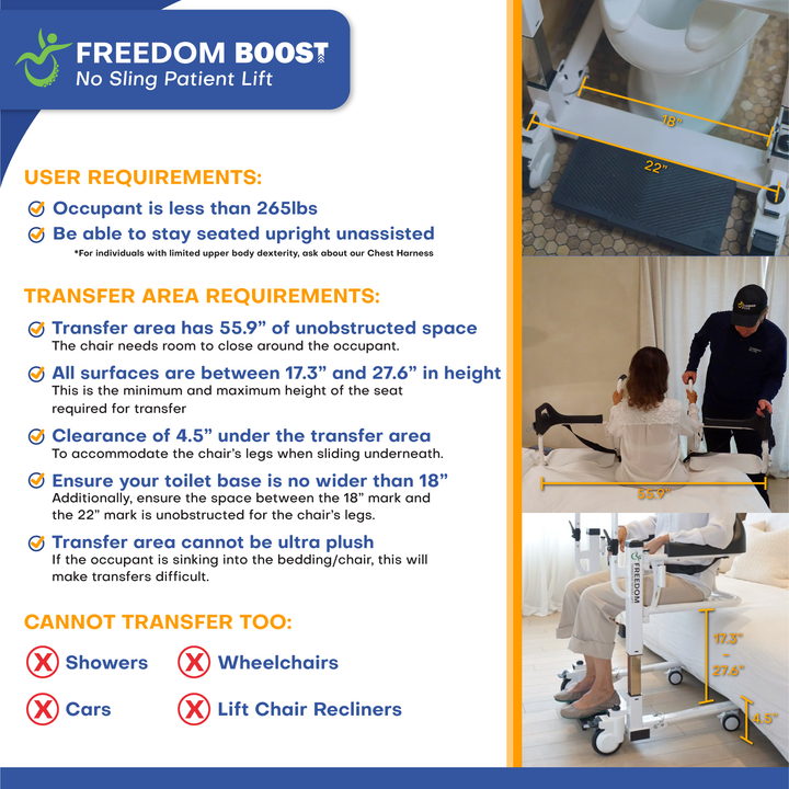 Freedom Boost patient transfer lift infographic showing adjustable height range