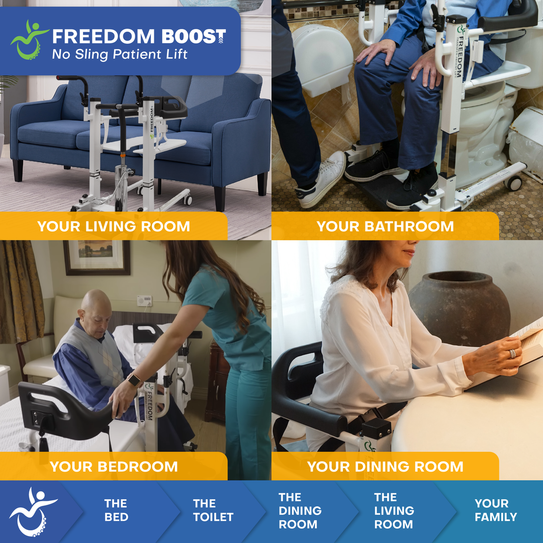 Freedom Boost patient lift infographic showing integrated commode function