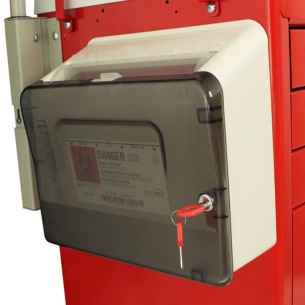 Five Quart Locking Sharps Container for M-Series or A-Series Carts, side view showing mounting materials