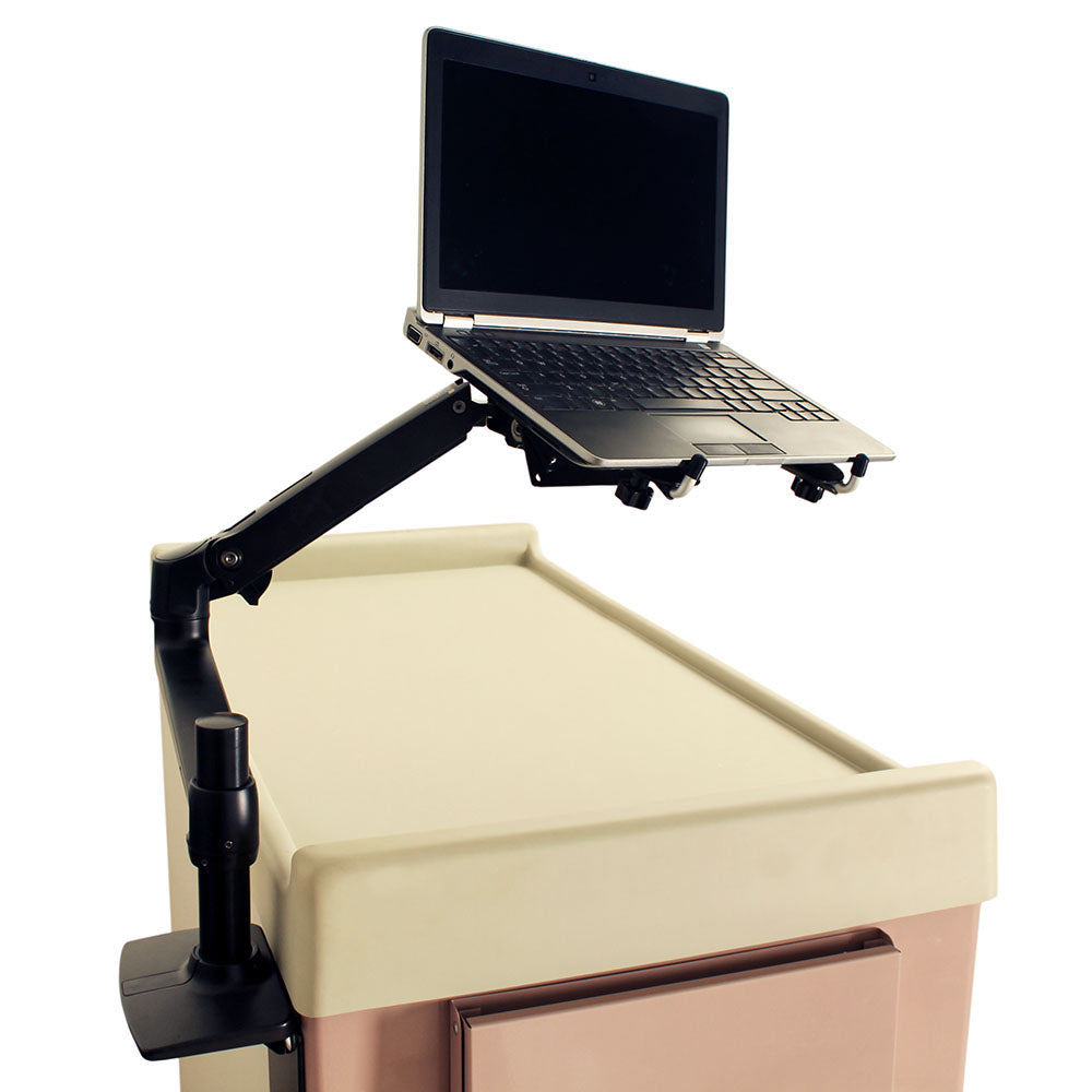 Medical cart laptop mount with articulating adjustable arm front right view