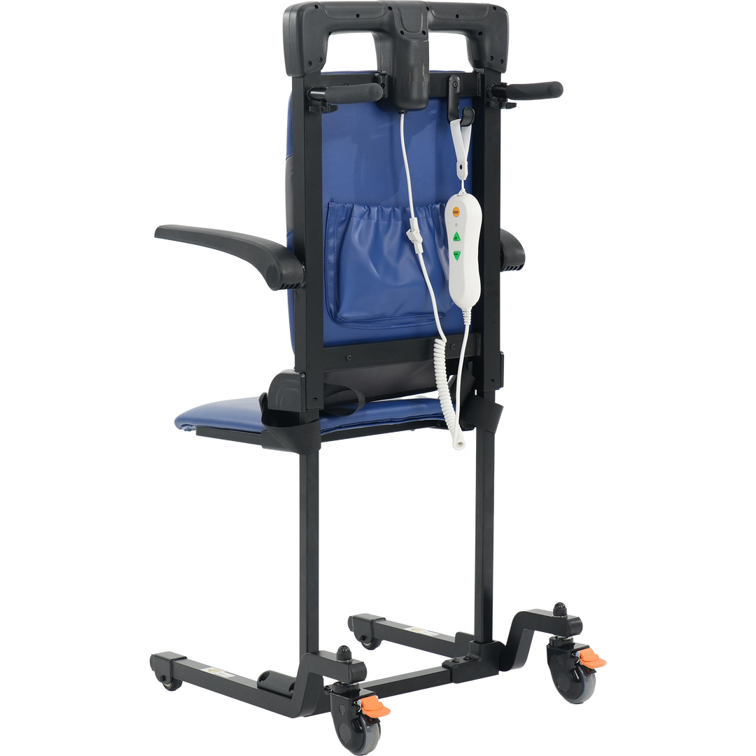 Lift Buddy motorized patient lift chair with built-in wheels for repositioning