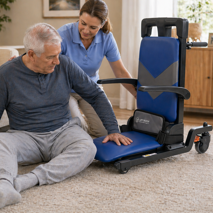 Lift Buddy patient lift chair showing motorized seated fall recovery design