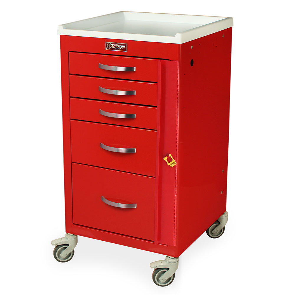 M-Series Mini Width Emergency Code Cart, Short height, five drawers, breakaway lock, M3DS1824B05, 24? vertical space, 3? casters, full extension drawers, removable white top, compact design