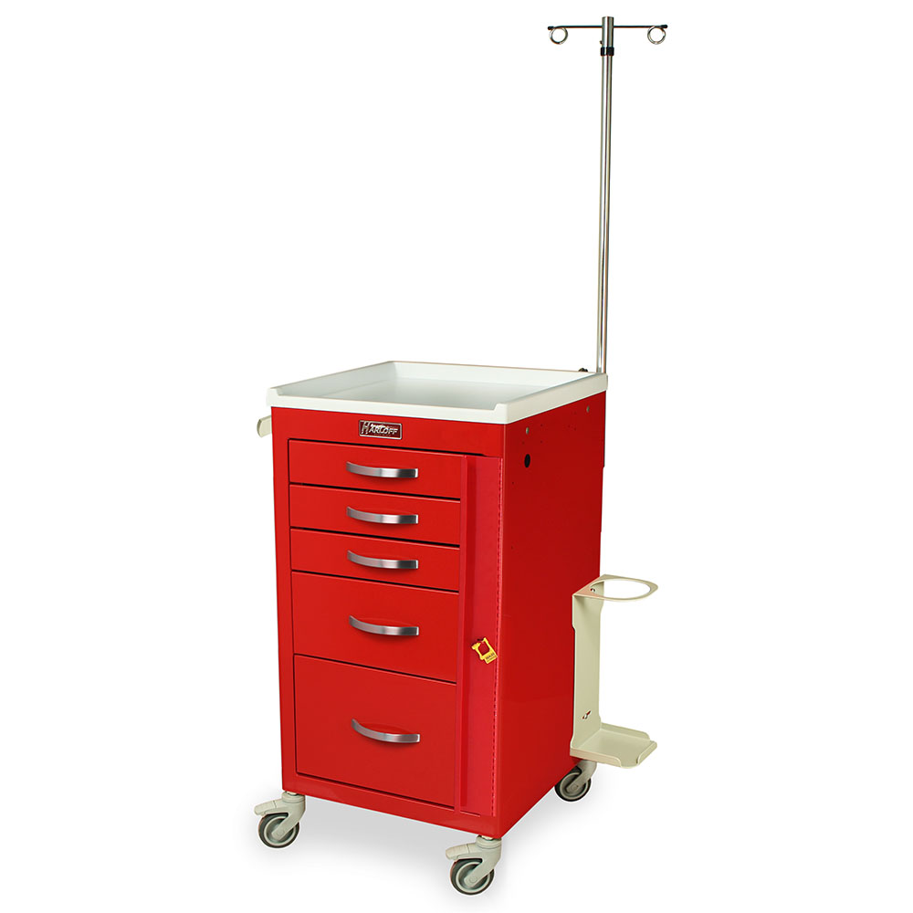 Mini-width M-Series emergency cart with 5 drawers, breakaway lock, MD18-EMG package, full-extension slides, 24” vertical storage, and 3” stem casters.