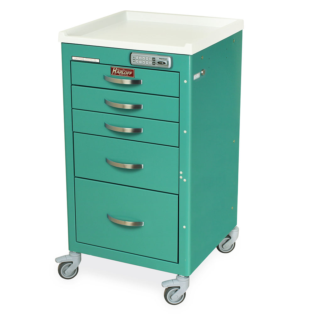Mini width M-Series anesthesia cart with 5 drawers, electronic lock, 24" vertical storage, stem casters, and durable steel construction for tight spaces.