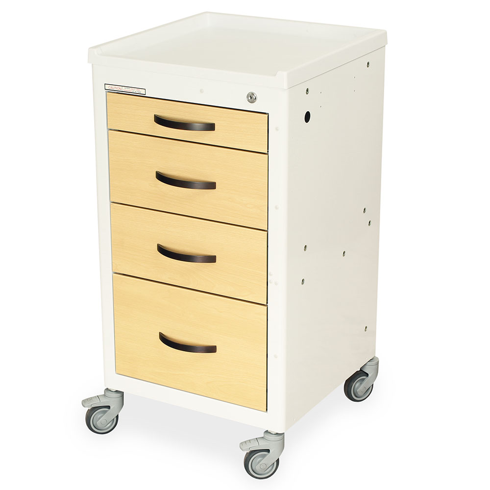 M-Series X-Short Wood Finish Medical Cart with Four Drawers and Key Lock - white body with wood-style drawer fronts