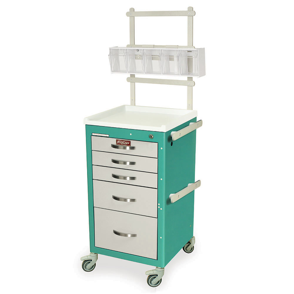Compact Harloff M-Series Mini Anesthesia Cart with five drawers, key lock, and MD18-ANS accessory package for secure anesthesia storage and mobility.