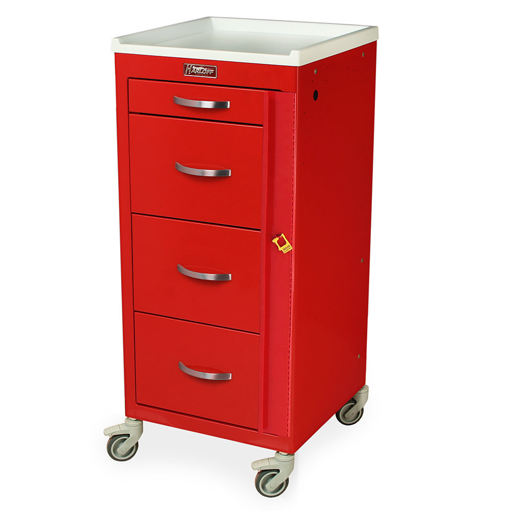 Tall narrow M-Series emergency cart with 4 drawers, breakaway lock, 30” storage space, steel body, and 12-year warranty. Ideal for tight medical spaces.