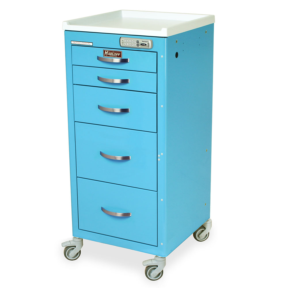 Narrow M-Series anesthesia cart with 5 drawers and electronic pushbutton lock. 30” vertical space, full-extension slides, and mobile 3” casters.