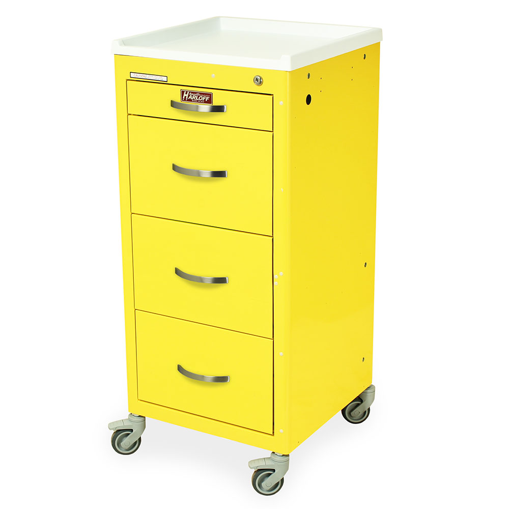 MDS18 yellow isolation cart with open drawers showing internal contents