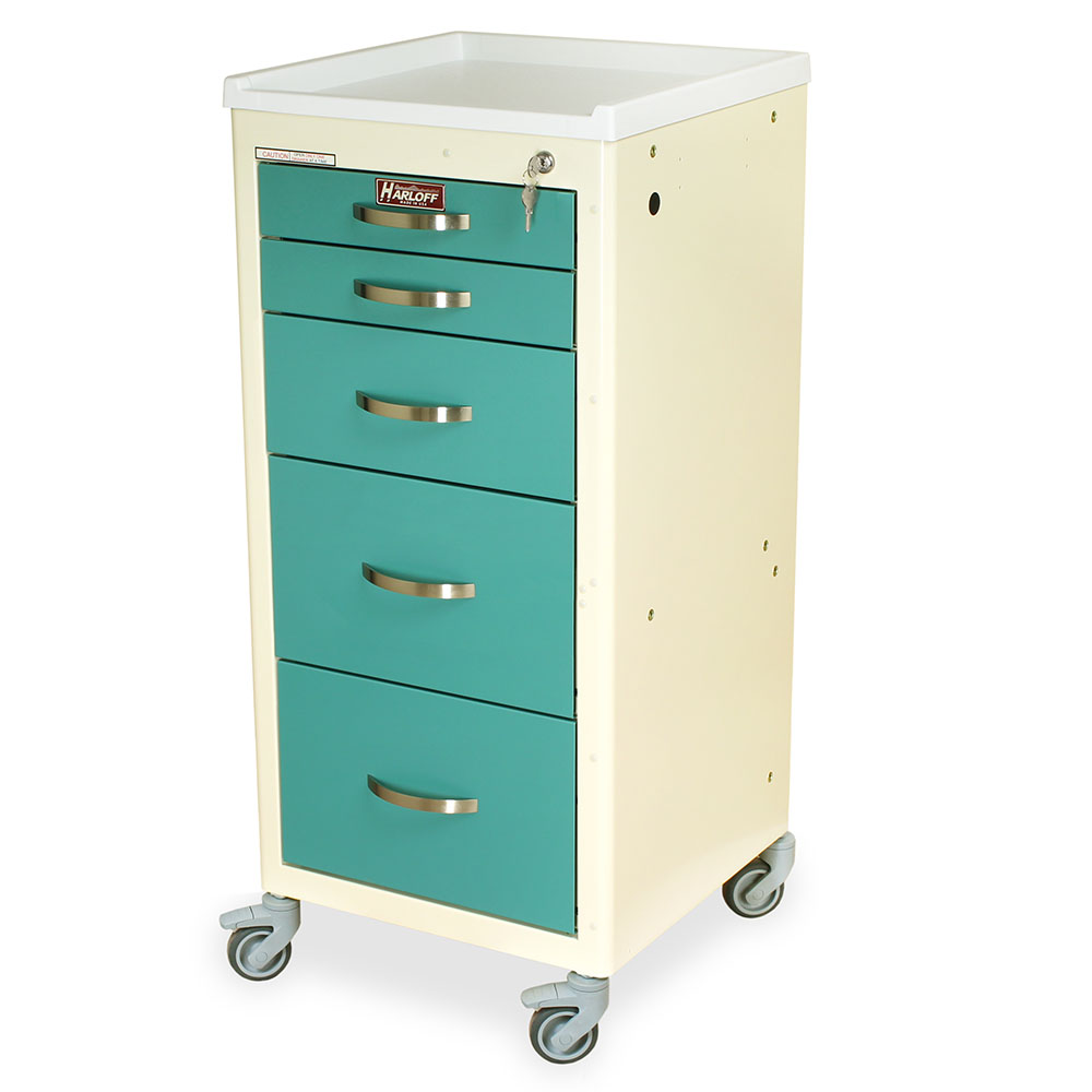 Harloff M-Series Tall Mobile Anesthesia Cart five-drawer cream and teal model with key lock and white plastic top