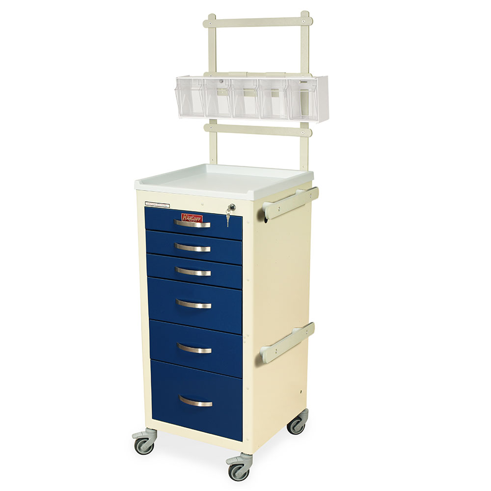 Harloff M-Series Narrow Anesthesia Cart six-drawer cream and navy model with MD18-ANS accessory package including rails and tilt bins