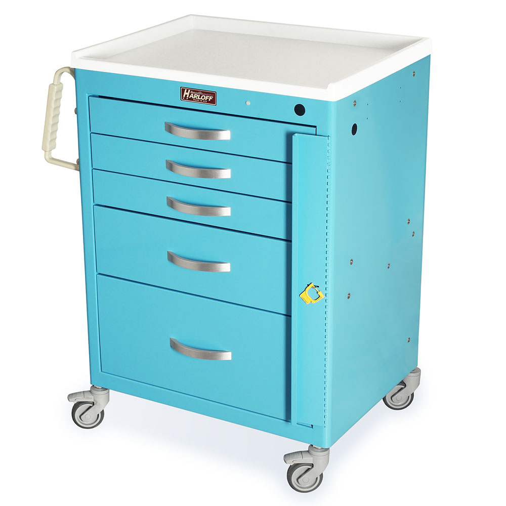 Harloff M-Series Emergency Medical Cart with Breakaway Lock, light blue cabinet, five drawers, short height emergency cart