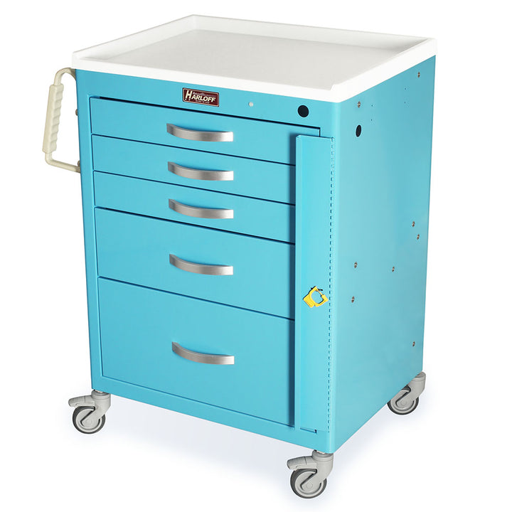 Harloff M-Series Emergency Medical Cart with Breakaway Lock, light blue cabinet, five drawers, short height emergency cart