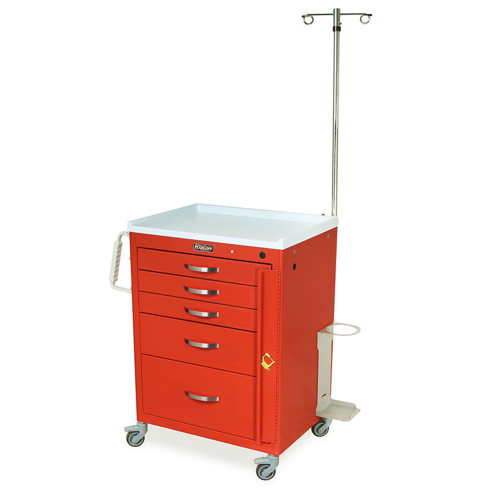 Harloff M-Series Short Code Response Cart with MD24-EMG Package, red cabinet, five drawers, breakaway lock, IV pole, cardiac board, and oxygen tank holder