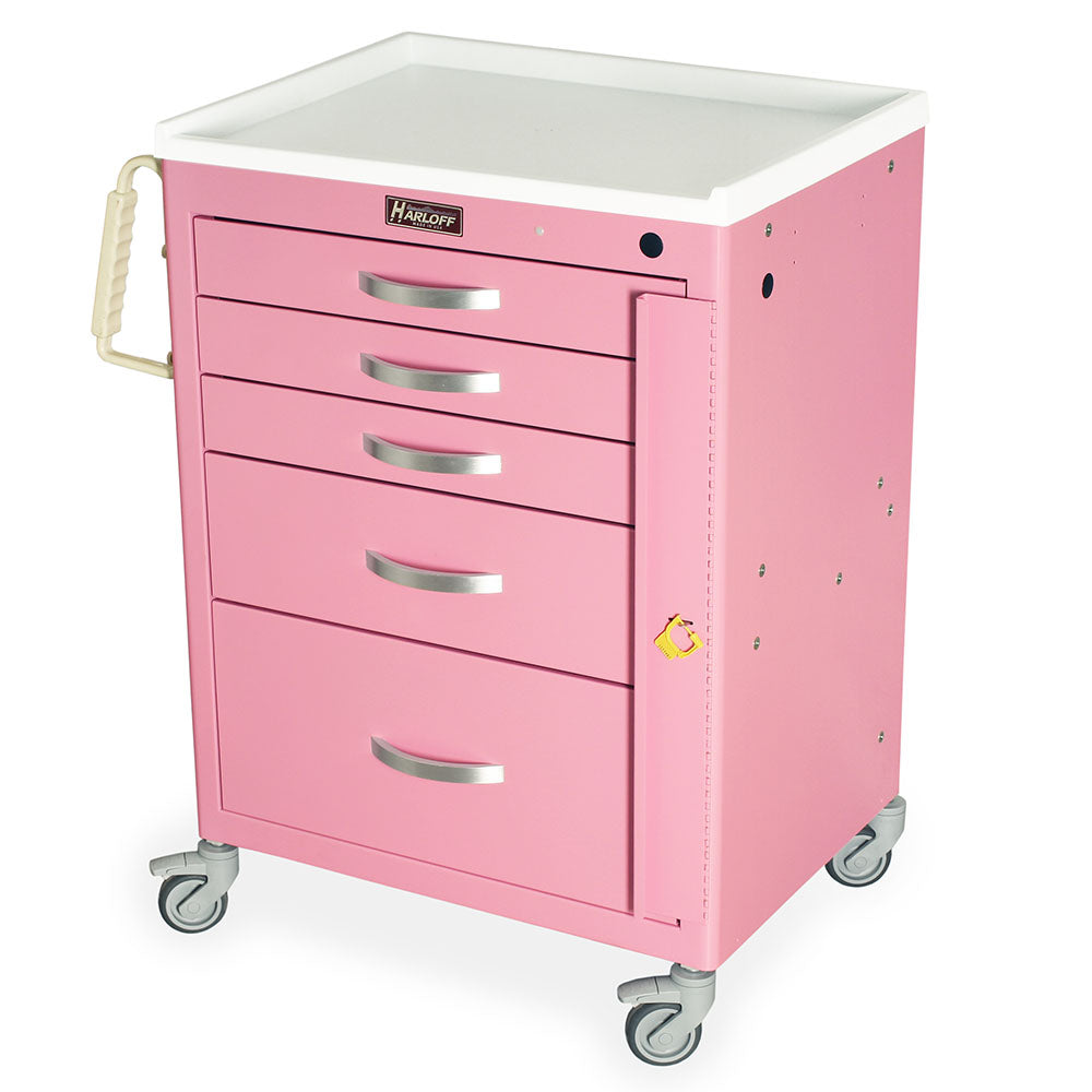 Harloff M-Series Emergency Medical Cart with Breakaway Lock, pink cabinet, five drawers, durable steel construction
