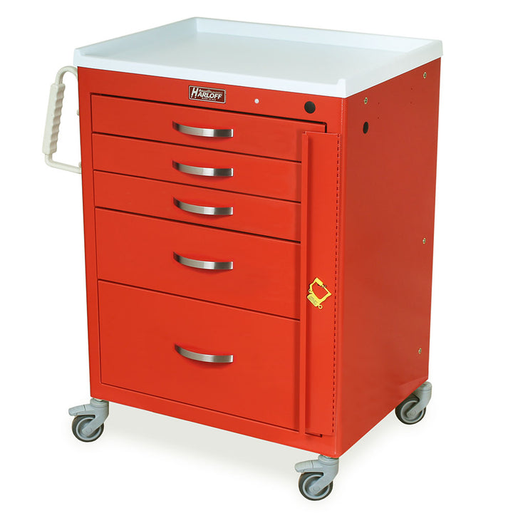 Harloff M-Series Emergency Medical Cart with Breakaway Lock, red cabinet, five drawers, compact crash cart for hospitals