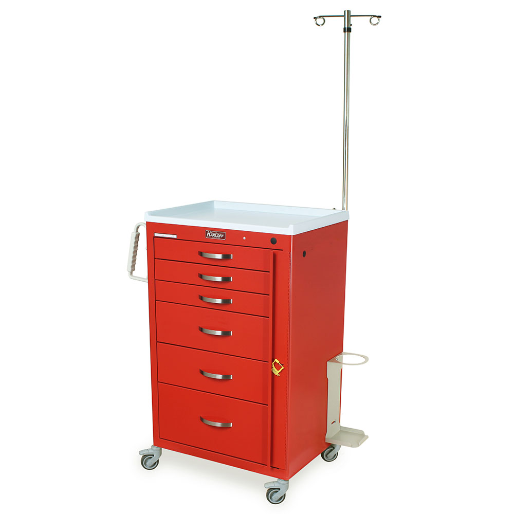 Harloff M-Series Tall Crash Cart with MD24-EMG Package, red cabinet, six drawers, breakaway lock, IV pole, cardiac board, oxygen tank holder