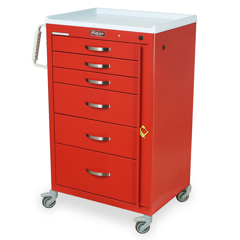 Harloff M-Series Emergency Crash Cart short height red six drawers breakaway lock with stabilizing bumpers and ergonomic handles