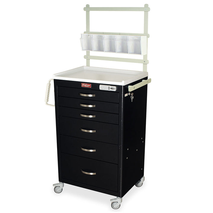 Harloff M-Series Tall Anesthesia Cart with MD24-ANS Package, black cabinet, electronic lock, anesthesia storage cart with accessories