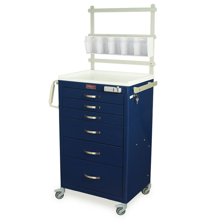 Harloff M-Series Tall Anesthesia Cart with MD24-ANS Package, navy blue cabinet, electronic lock, six drawers, side rails and tilt bins