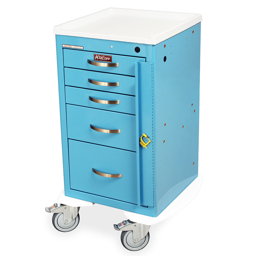 Harloff M-Series Narrow Mobile Emergency Cart five-drawer light blue model with breakaway lock and 5-inch casters