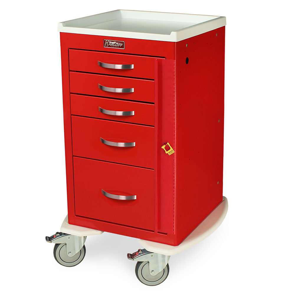 Harloff M-Series Narrow Mobile Emergency Cart five-drawer red model with breakaway lock and protective bumpers