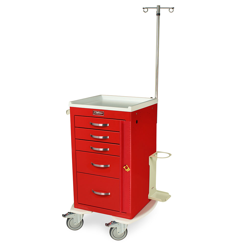 Red Harloff M-Series mini width emergency cart with MD18-EMG accessory package including IV pole, oxygen holder, and cardiac board
