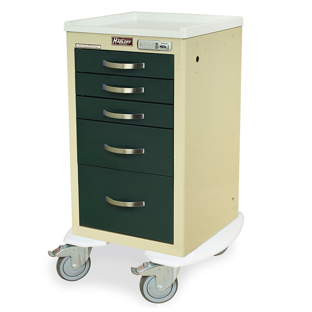Harloff M-Series Compact Mini Anesthesia Cart with five drawers, E-Lock security, and 18" width for tight-space anesthesia storage solutions.