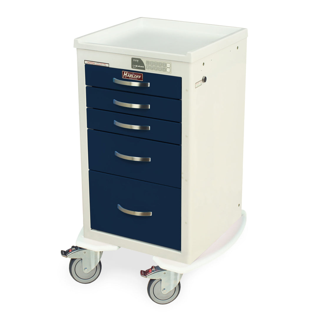 M-Series anesthesia procedure cart with 5 drawers, electronic keypad lock, 5” casters, and compact design for tight spaces. Customizable and secure.