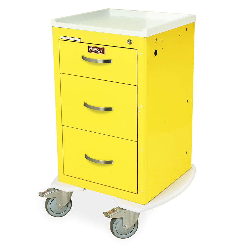 Compact M-Series mini isolation cart with 3 drawers, key lock, steel body, and 5” quiet casters. Ideal for PPE storage in tight medical spaces.
