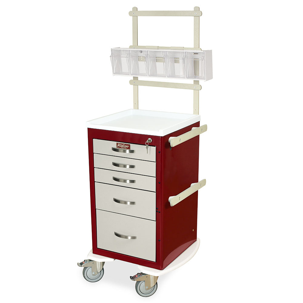 Burgundy and light gray Harloff M-Series short anesthesia cart with key lock and MD18-ANS accessory package