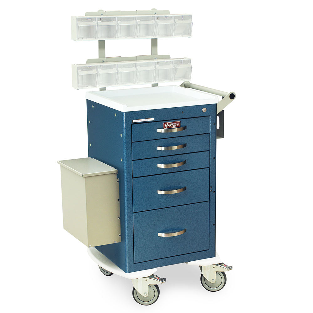 M-Series short blood draw cart with mini width, five drawers, key lock, and phlebotomy accessory package in blue finish