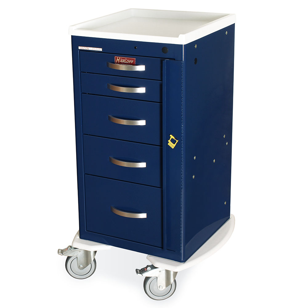 Navy M-Series Code Blue crash cart with 5 drawers, breakaway lock, 27" vertical storage, quiet casters, ergonomic handles, and durable steel construction.