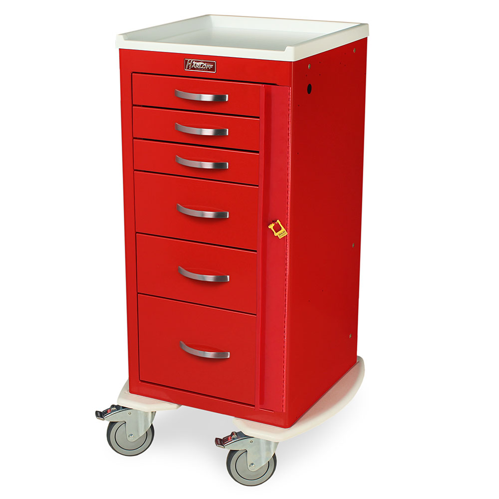 Red Harloff M-Series narrow width six drawer emergency cart with breakaway lock and 5-inch casters