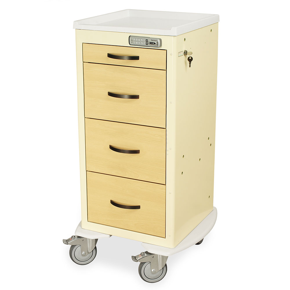 M-Series Tall Wood Finish Medical Cart with Four Drawers and Electronic Lock - American Natural finish