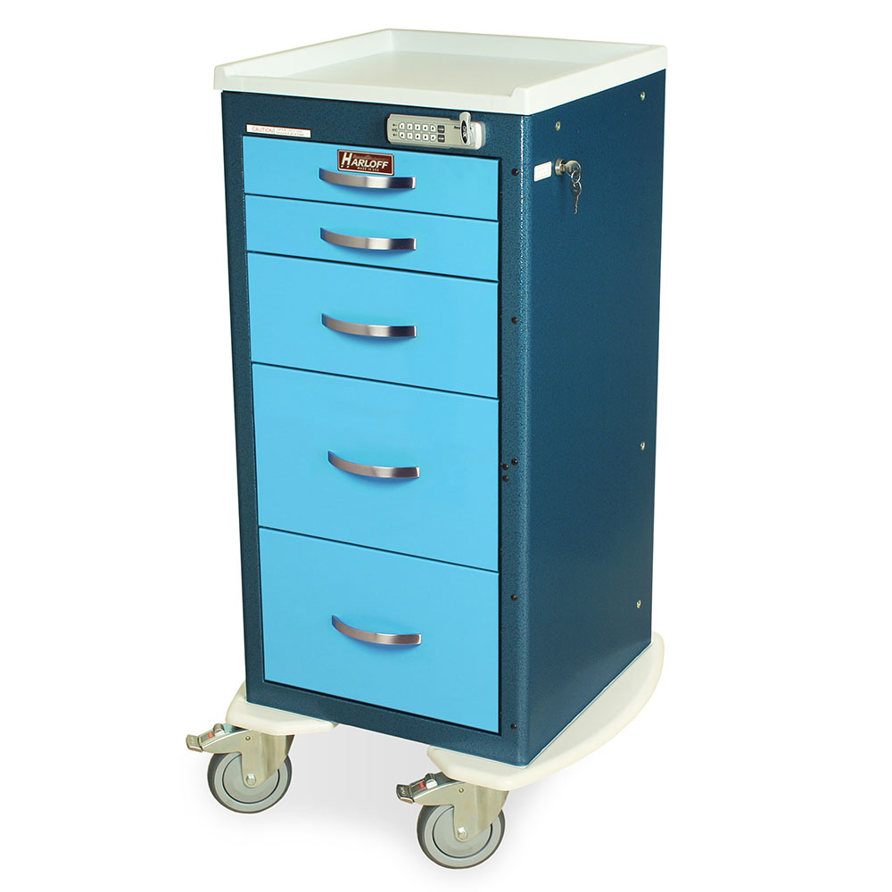 M-Series Thin E-Lock Anesthesia Cart tall mini 5-drawer blue model with electronic lock and casters