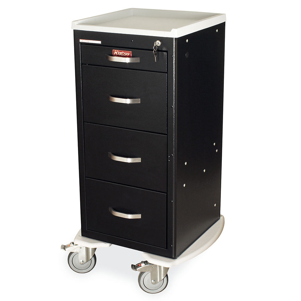 Black Harloff M-Series tall infection control isolation cart with key lock and four drawers