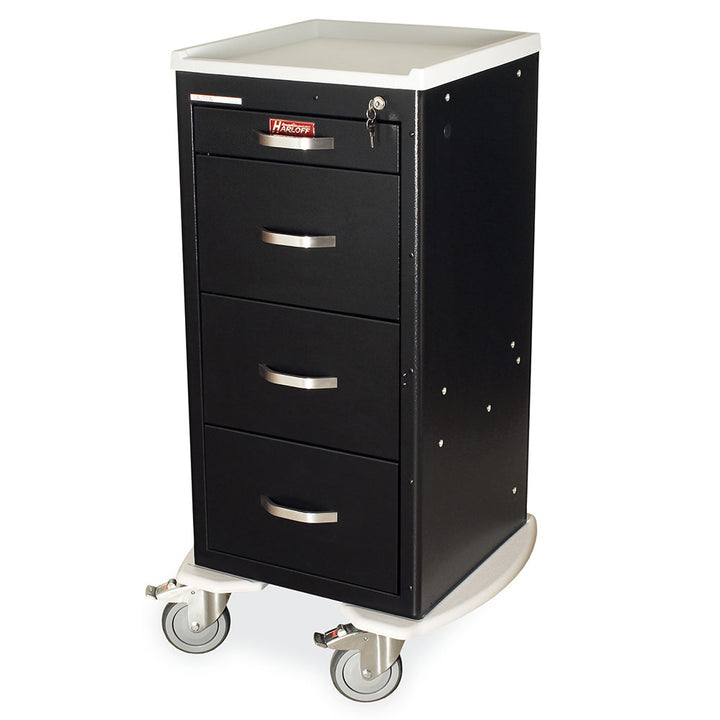 Black Harloff M-Series tall infection control isolation cart with key lock and four drawers