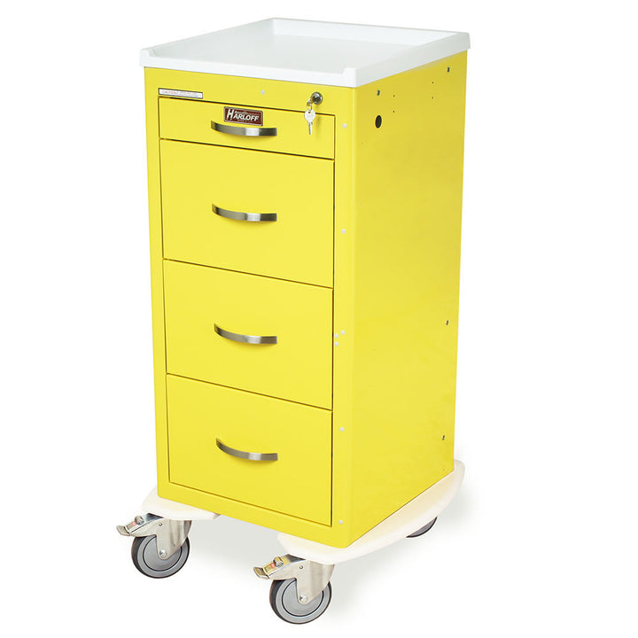 Yellow Harloff M-Series tall infection control isolation cart with key lock and four drawers