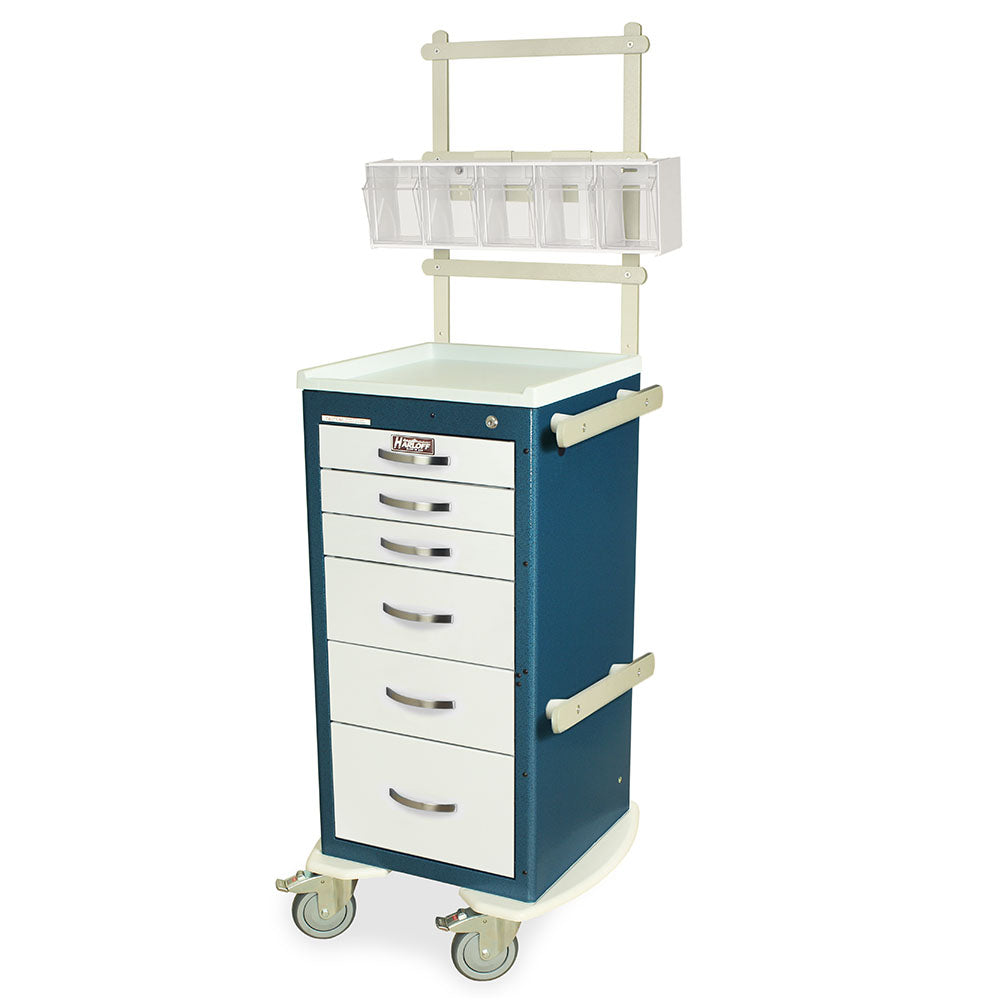 Harloff M-Series Slender Anesthesia Cart with MD18-ANS Accessory Package, six drawers, slim 18-inch wide design, white top, blue cabinet